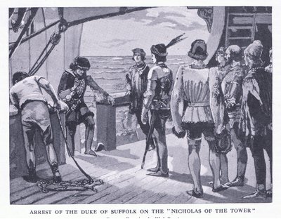 Arrestation du duc de Suffolk sur le Nicholas of the Tower, de Cassells History of the British People publié par la Waverley Book Company Limited, vers 1940 - Walter Paget